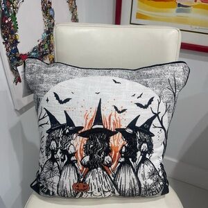 Haunted Lane Halloween Cream/Black/Orange "Witches" Throw Pillow